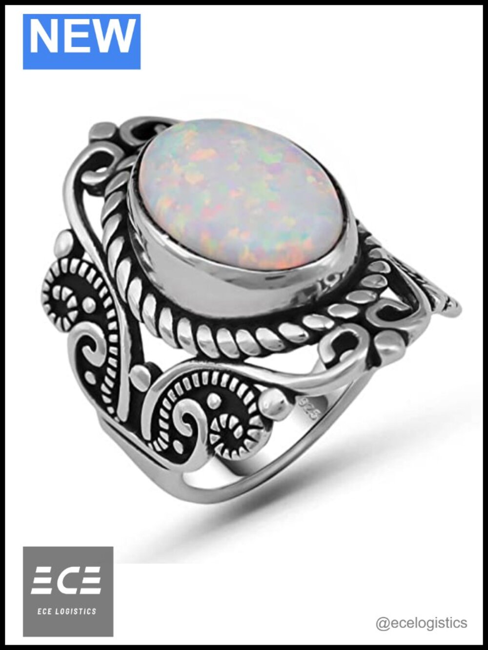 Genuine Solid 925 Sterling Silver Simulated White Opal Statement Oxidized Ring